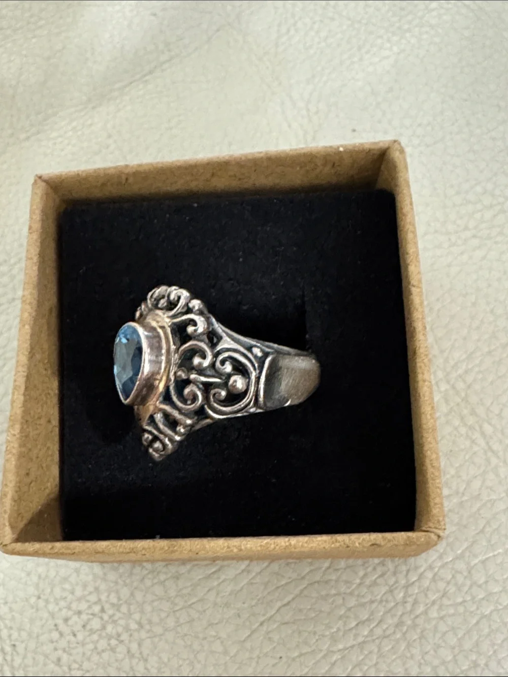Sterling silver  Filigree Ring with topaz Teardrop BlueStone.